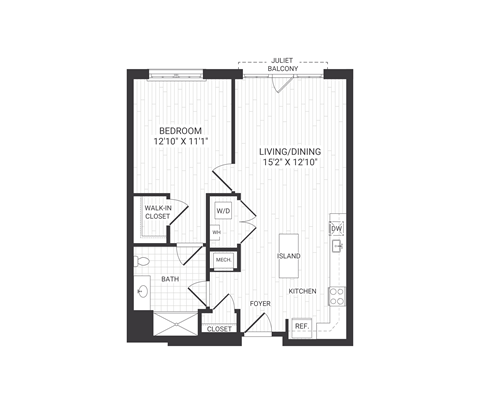 Floor plan for 1 bed, 1 bath, 761 sqft