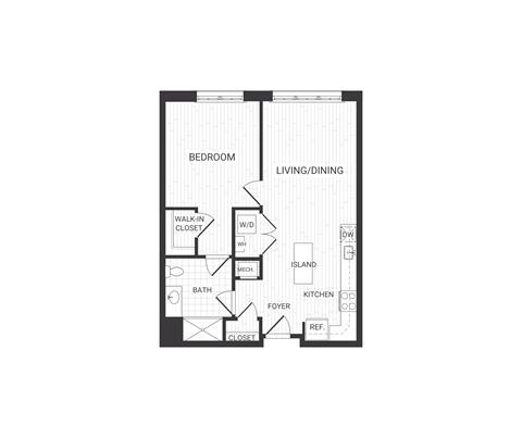 Floor plan for 1 bed, 1 bath, 763 sqft