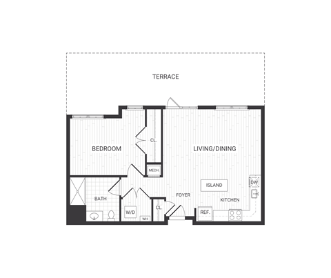 Floor plan for 1 bed, 1 bath, 766 sqft