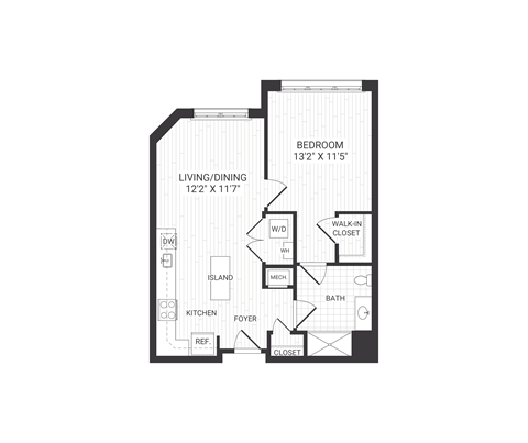Floor plan for 1 bed, 1 bath, 693 sqft