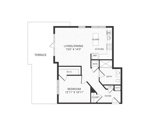 Floor plan for 1 bed, 1 bath, 782 sqft