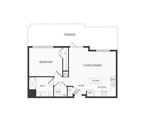 Floor plan for 1 bed, 1 bath, 790 sqft