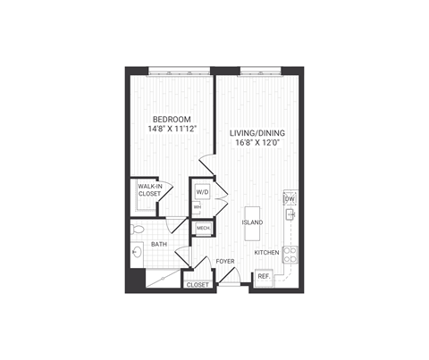 Floor plan for 1 bed, 1 bath, 801 sqft
