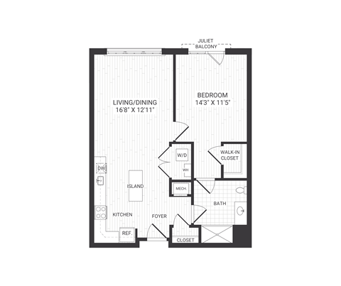 Floor plan for 1 bed, 1 bath, 811 sqft
