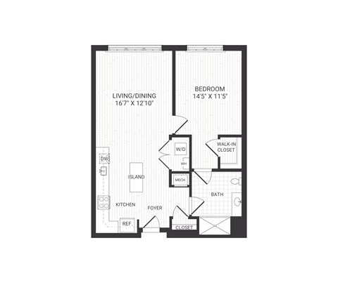 Floor plan for 1 bed, 1 bath, 811 sqft