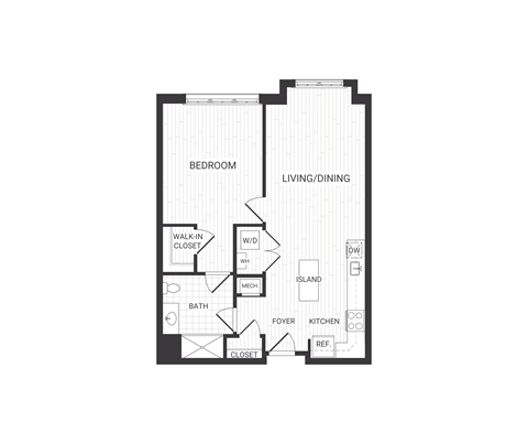 Floor plan for 1 bed, 1 bath, 818 sqft