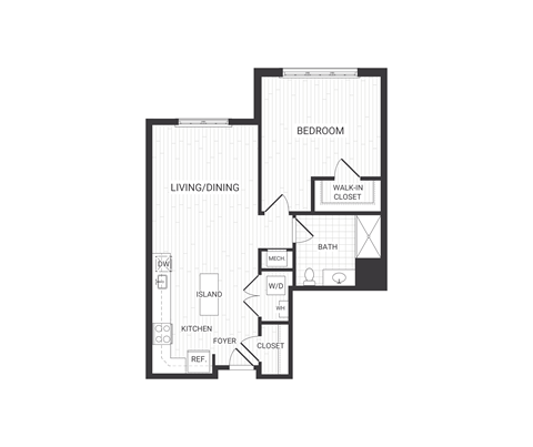 Floor plan for 1 bed, 1 bath, 822 sqft