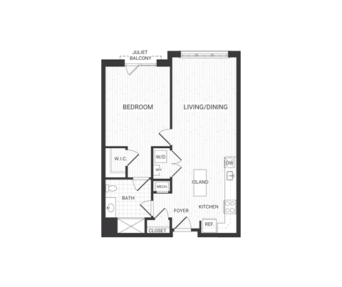 Floor plan for 1 bed, 1 bath, 823 sqft