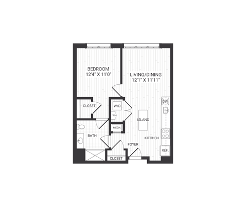Floor plan for 1 bed, 1 bath, 696 sqft