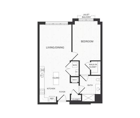 Floor plan for 1 bed, 1 bath, 827 sqft