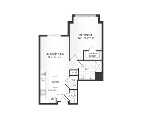 Floor plan for 1 bed, 1 bath, 856 sqft