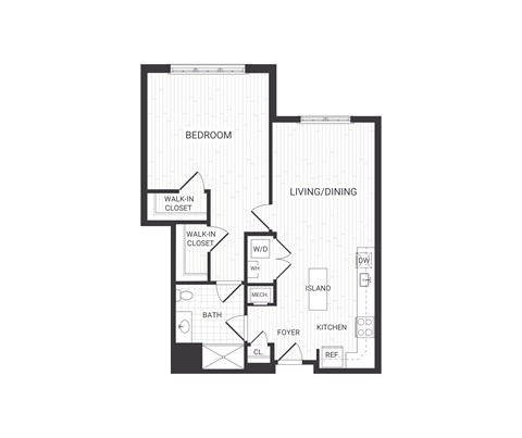 Floor plan for 1 bed, 1 bath, 878 sqft