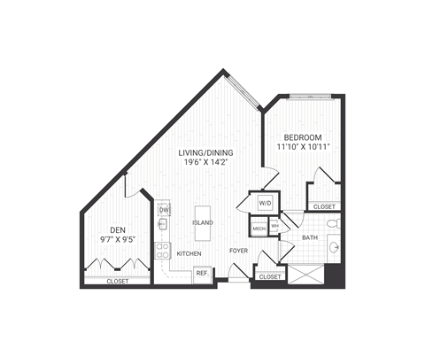 Floor plan for 1 bed, 1 bath, 888 sqft