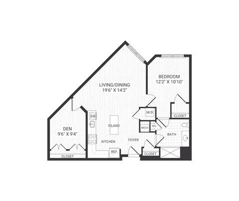 Floor plan for 1 bed, 1 bath, 888 sqft