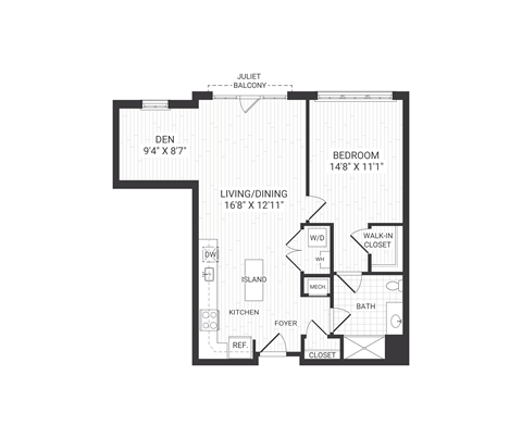 Floor plan for 1 bed, 1 bath, 889 sqft