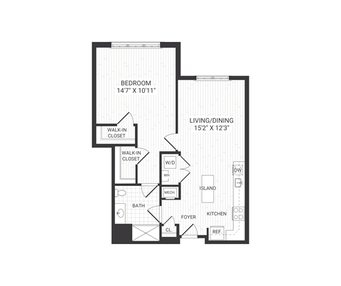 Floor plan for 1 bed, 1 bath, 911 sqft