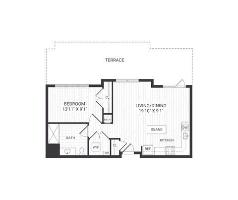 Floor plan for 1 bed, 1 bath, 715 sqft
