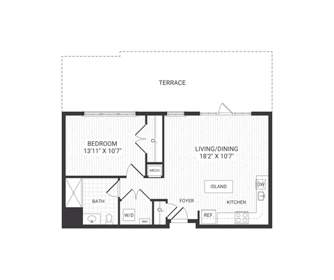 Floor plan for 1 bed, 1 bath, 726 sqft