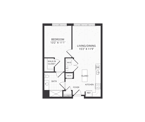 Floor plan for 1 bed, 1 bath, 727 sqft