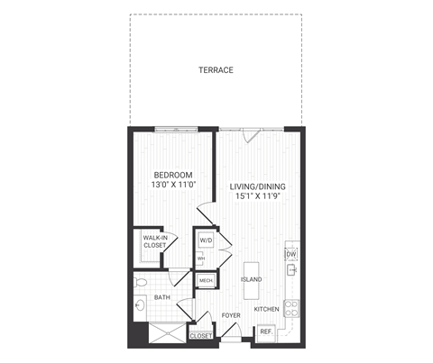 Floor plan for 1 bed, 1 bath, 727 sqft