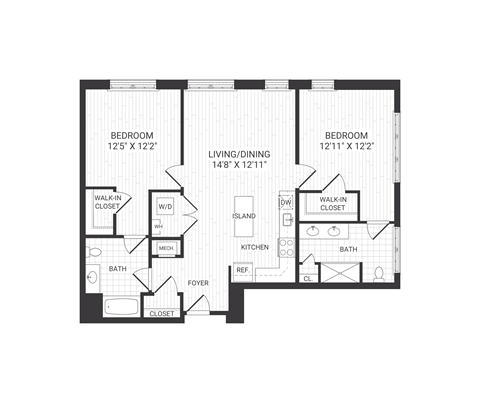 Floor plan for 2 beds, 2 baths, 1143 sqft