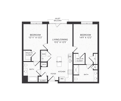 Floor plan for 2 beds, 2 baths, 1164 sqft