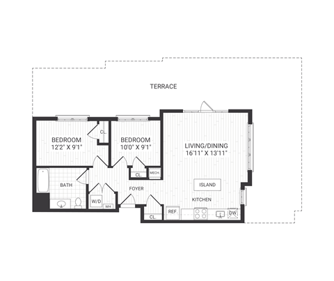 Floor plan for 2 beds, 2 baths, 863 sqft