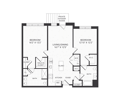 Floor plan for 2 beds, 2 baths, 1203 sqft