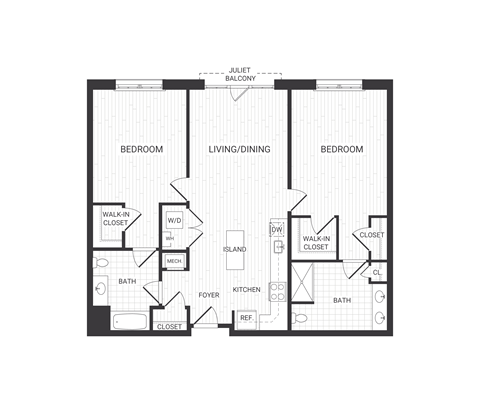 Floor plan for 2 beds, 2 baths, 1222 sqft