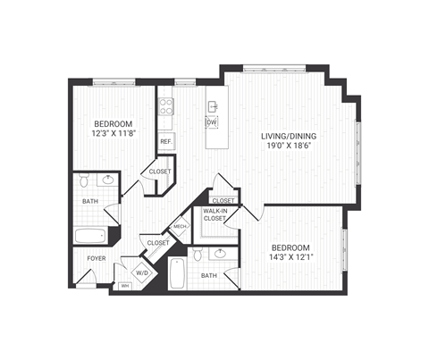 Floor plan for 2 beds, 2 baths, 1257 sqft