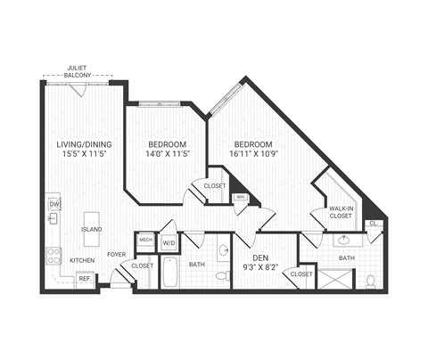 Floor plan for 2 beds, 2 baths, 1264 sqft