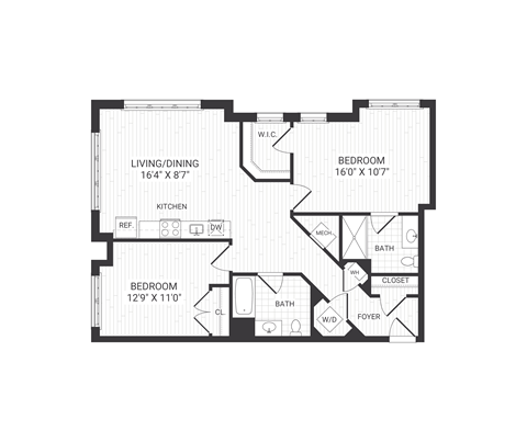 Floor plan for 2 beds, 2 baths, 1020 sqft