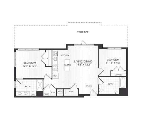 Floor plan for 2 beds, 2 baths, 1028 sqft