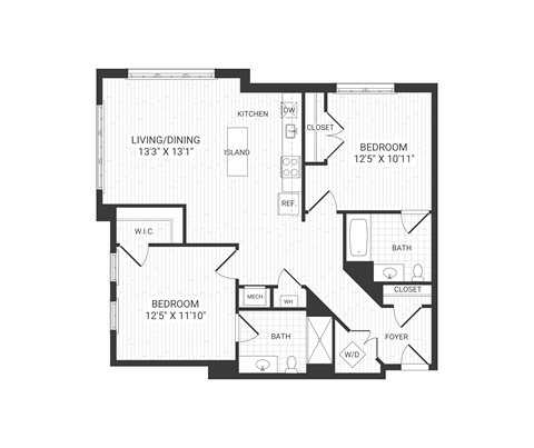 Floor plan for 2 beds, 2 baths, 1068 sqft