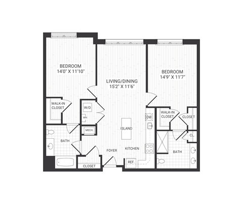 Floor plan for 2 beds, 2 baths, 1125 sqft