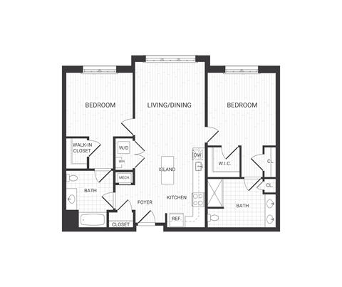 Floor plan for 2 beds, 2 baths, 1127 sqft
