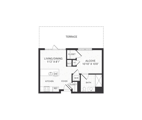 Floor plan for studio, 1 bath, 504 sqft