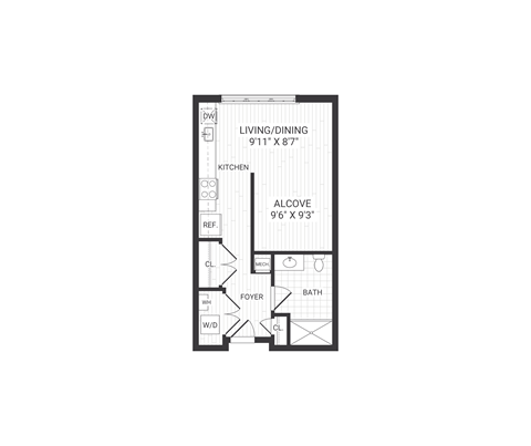 Floor plan for studio, 1 bath, 513 sqft