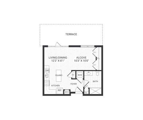 Floor plan for studio, 1 bath, 549 sqft
