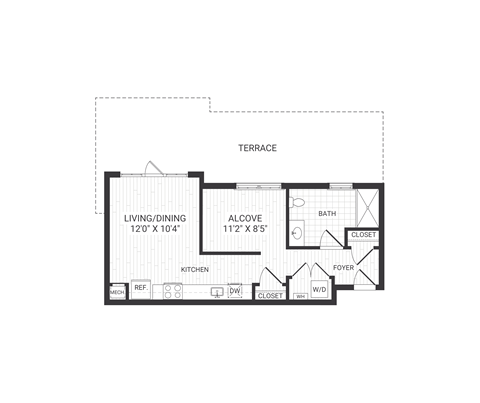 Floor plan for studio, 1 bath, 583 sqft