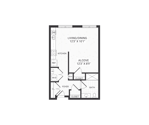 Floor plan for studio, 1 bath, 624 sqft