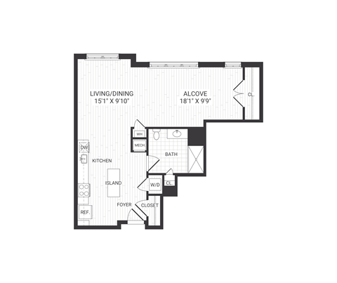 Floor plan for studio, 1 bath, 784 sqft