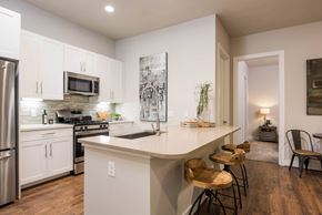 Houston apartment for rent - a kitchen with custom cabinetry and stainless steel appliances at Tinsley on the Park apartments