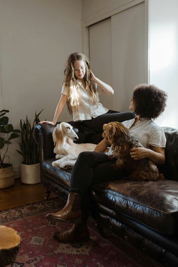 San Francisco apartment for rent - A woman is sitting on a couch with two dogs.