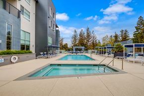 San Jose apartment for rent - A swimming pool in front of a modern building with trees in the background.