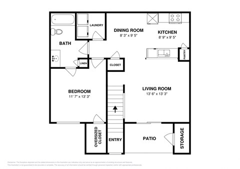 Floor plan for 1 bed, 1 bath, 842 sqft