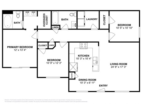 Floor plan for 3 beds, 2 baths, 1395 sqft