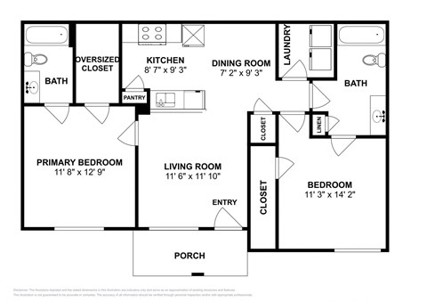 Floor plan for 2 beds, 2 baths, 1084 sqft