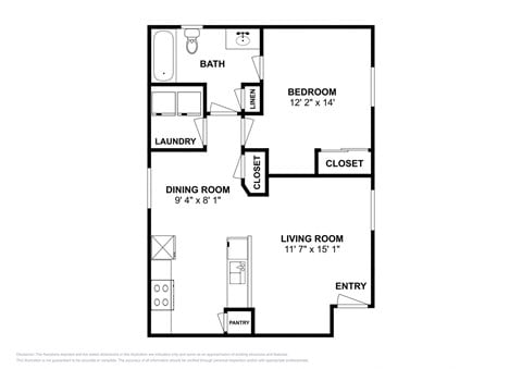 Floor plan for 1 bed, 1 bath, 644 sqft