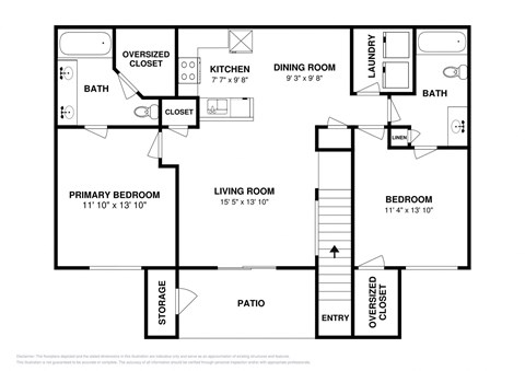 Floor plan for 2 beds, 2 baths, 1197 sqft